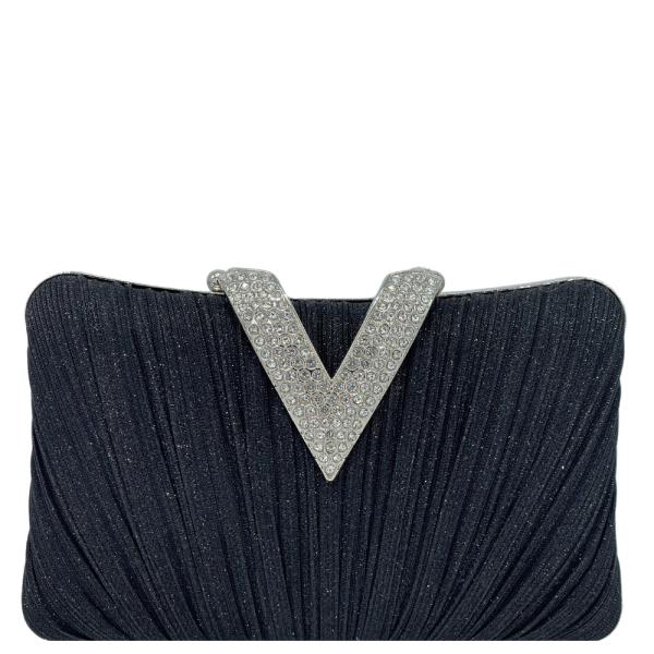 RHINESTONE V BUCKLE EVENING CLUTCH - NAVY