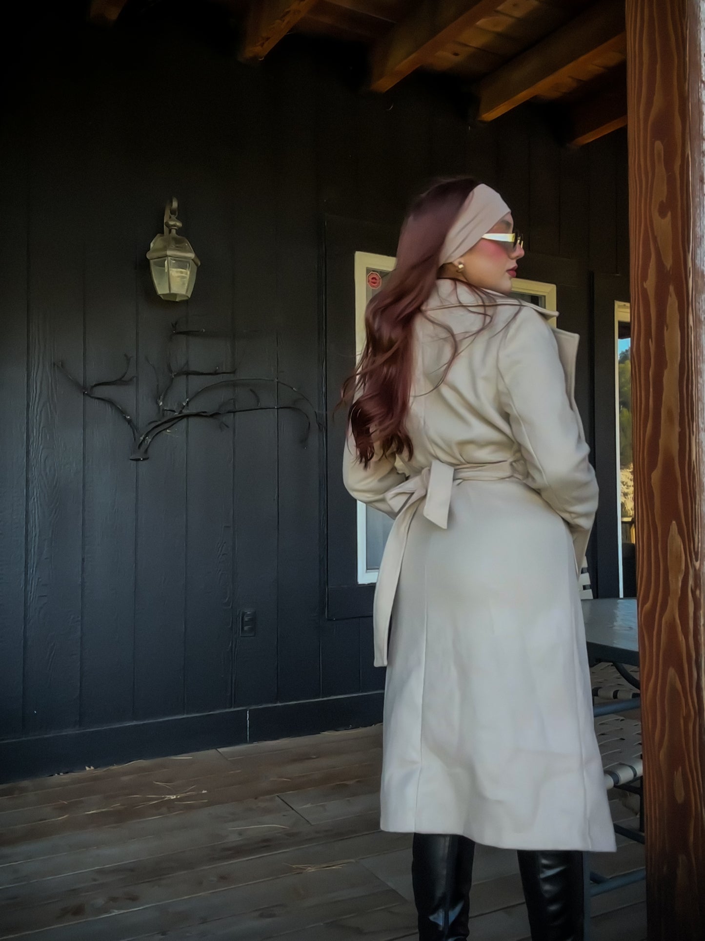 Nude belted long coat