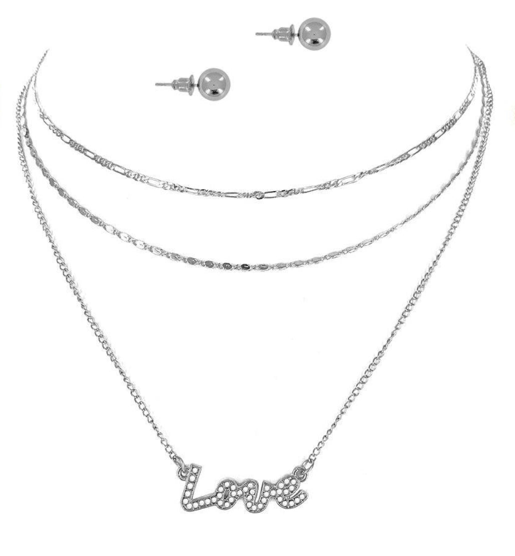 MULTI TRIPLE CHAIN LOVE NECKLACE & EARRINGS SET