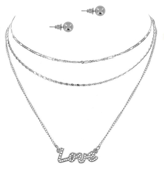 MULTI TRIPLE CHAIN LOVE NECKLACE & EARRINGS SET